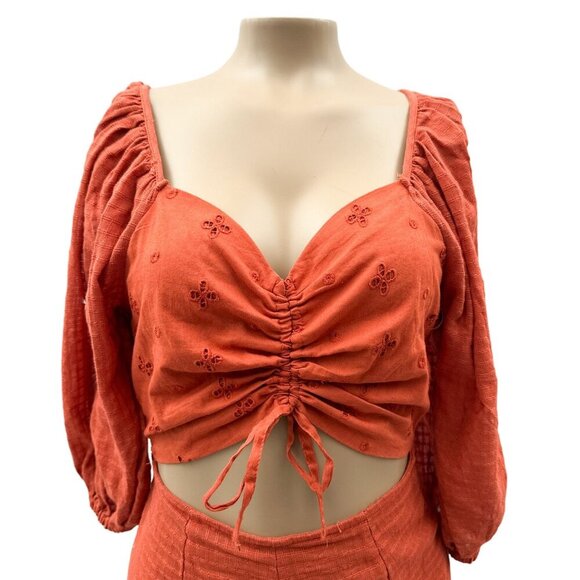 ASOS Eyelet Textured Ruched Tie Cutout Burnt Orange Puff Sleeve Playsuit Women 2 - Picture 12 of 12